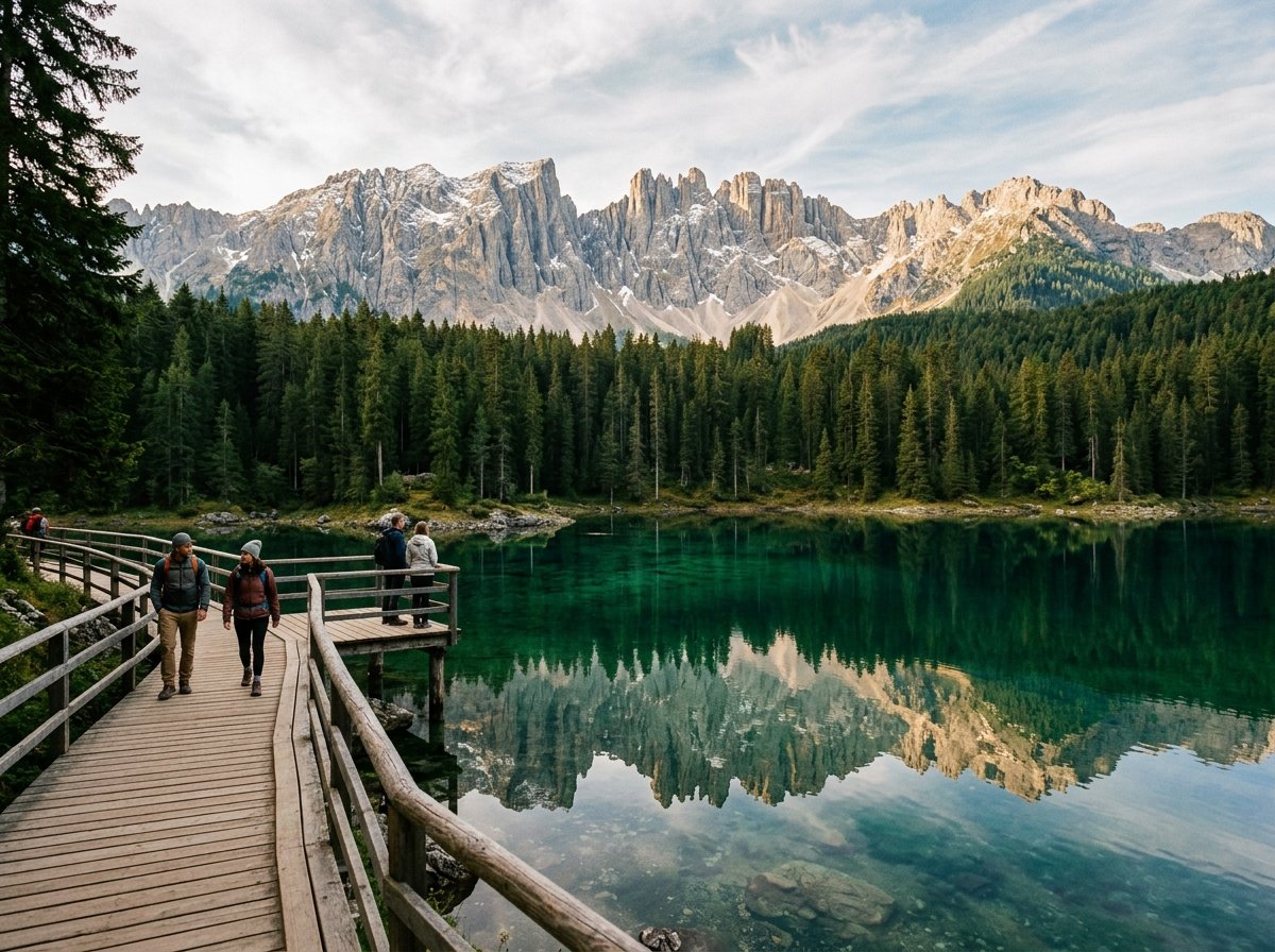 Emerald green waters of Lake Carezza reflecting the Latemar massif