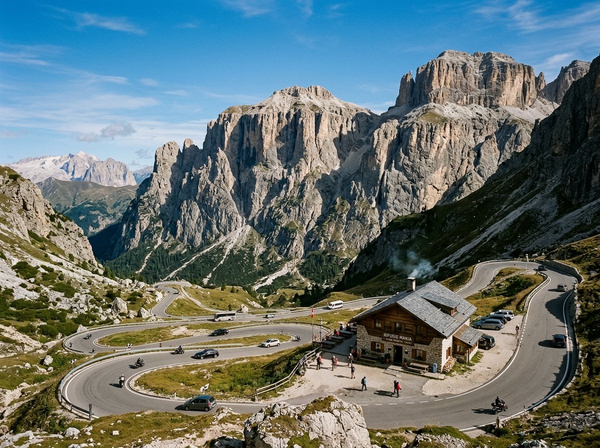 Passo Pordoi switchback hairpins in the Italian Dolomites